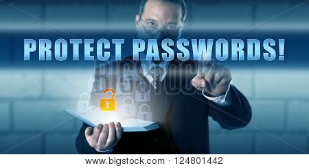 Chief Information Security Officer is pressing PROTECT PASSWORDS! on a virtual touch screen interface. Information technology and computer security concept for keeping administrative passwords safe.