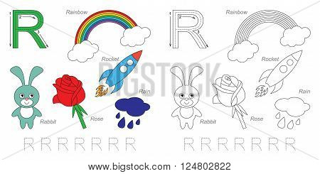 Tracing Worksheet for children. Full english alphabet from A to Z, pictures for letter R
