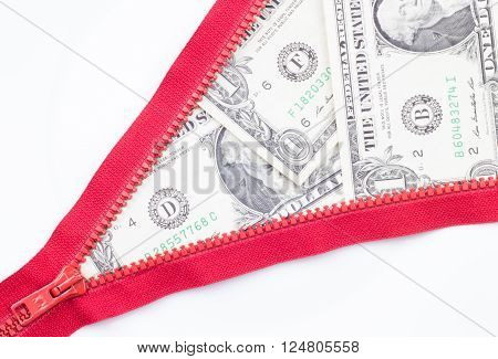 Red zipper starting to open with a lot of money (dollar) on the white isolated background