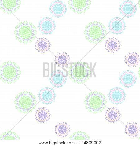 seamless pattern with circles and triangles in soft green purple blue colors