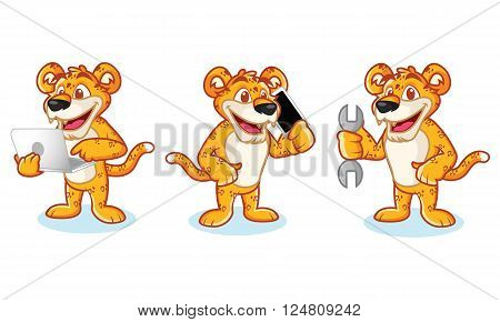 Leaopard Mascot Vector with phone laptop and toools