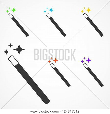 Vector Set of Magic Wand icon with star sparkle. Flat style magic wand icon. Isolated on white background.
