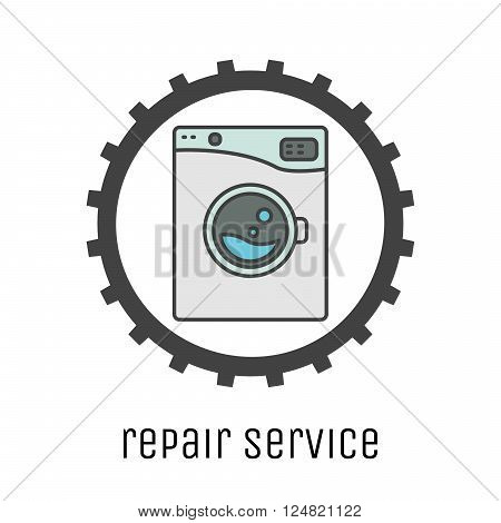 Washing machines repair service logo. Cogwheel drum symbol and washer inside. Washing machine service badge label for ad banner.
