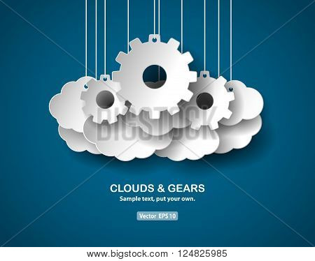 Clouds and gears, abstract concept, paper-cut style. Illustration contains shape of clouds and gears hanging from top. Remove the text before use. Vector EPS 10 file.