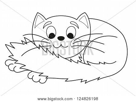 Cartoon plump kitty, vector illustration of funny cute cat with kind muzzle, cat smiling, stretching and lying comfortably curtailed, coloring book page for children
