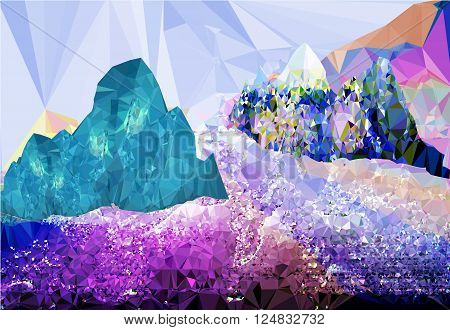 Abstract mountain landscape of glittering crystals and polygons