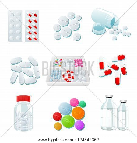 medicaments of various types, set of medical pill, vector Medicine isolated on white background, colorful products. Bottles and boxes with colored vitamins. Things to human health.