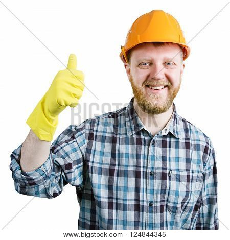 Man in a helmet and gloves are showing that all is well