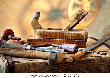 still life with old used carpentry tools