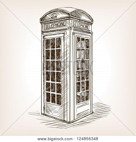 Vintage London phone booth sketch style vector illustration. Old hand drawn engraving imitation. Vintage object illustration