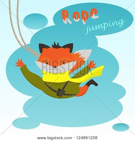 Ropejumping: cute cartoon Fox jumping with a rope on a background of clouds