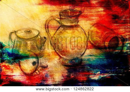 still life drawing. Original hand draw on paper. Teapot, jug, funnel and cans