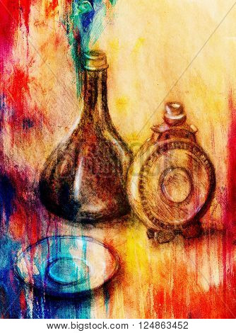 Drawing flask and wine carafe on paper. Original hand draw and Color effect