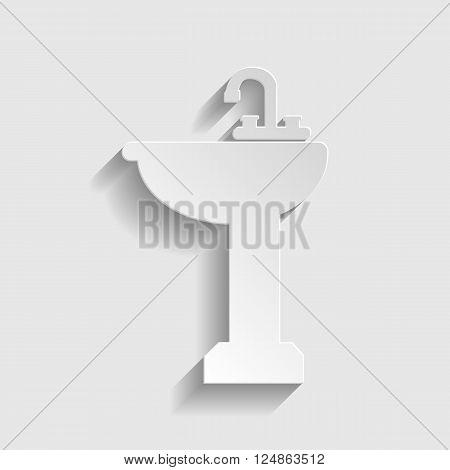 Bathroom sink sign. Paper style icon with shadow on gray.