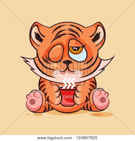 Vector Stock Illustration Emoji character cartoon Tiger cub just woke up with cup of coffee sticker emoticon for site, infographic, video, animation, website, e-mail, newsletter, report, comic