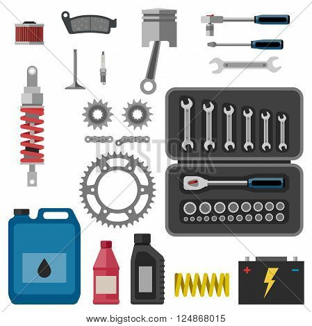 Moto parts with tools in flat style.
