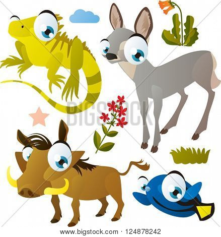 Colorful set of cute cartoon comic vector animal images: Iguana, Warthog, Doe, Fish