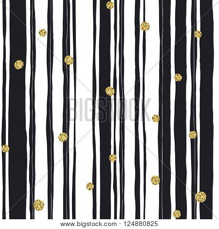 Black stripes seamless pattern and golden dots