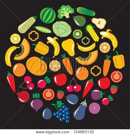 Set of vegetables and fruits illustration in a circular shape