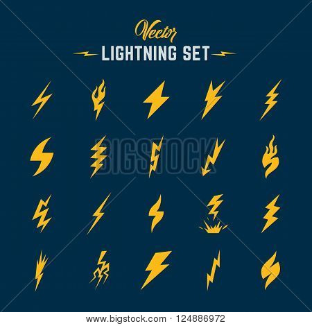 Unusual Abstract Vector Lightning or Blizzard Flat Style Icon Set. Yellow on Blue Background.