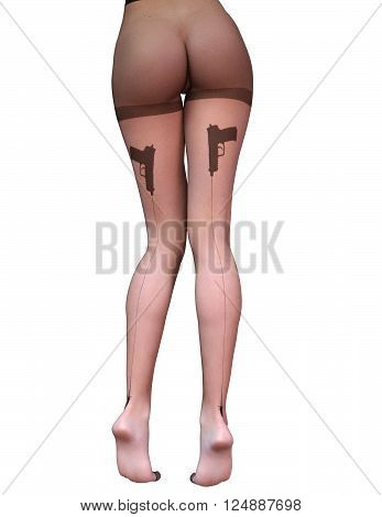Sexy slim female legs in transparent nylon stockings. Conceptual fashion art. Tights with guns, bullets and trajectory line. Seductive candid pose. 3D render, photorealistic image.