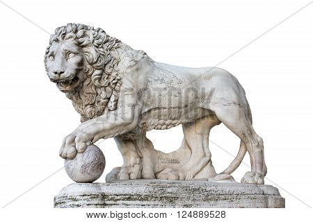 Famous Medici Lion statue by Vacca (1598). Sculpted of marble and located on the Piazza della Signoria in Florence Italy. Isolated on a white background. Concepts could include art history power culture others.