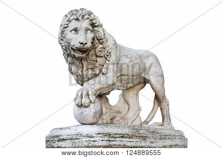 Famous Medici Lion statue by Vacca (1598). Sculpted of marble and located on the Piazza della Signoria in Florence Italy. Isolated on a white background. Concepts could include art history power culture others.