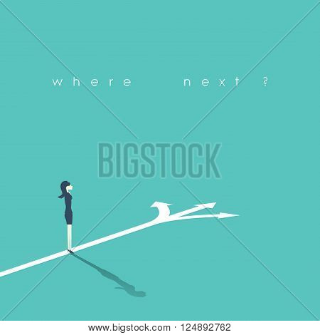 Business decision concept vector illustration. Businesswoman standing on the crossroads with three arrows and directions. Eps10 vector illustration.