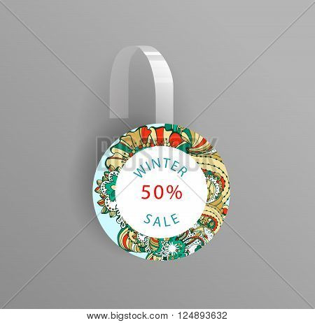 Vector wobbler mockup with transparent strip.Template for your hanging shelf tag design.Winter doodle style  sale design for print.
