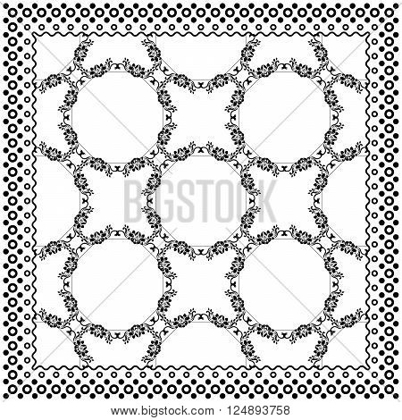 Black Bandana Print design. Fabric pattern for silk scarf. Border vector ornaments.