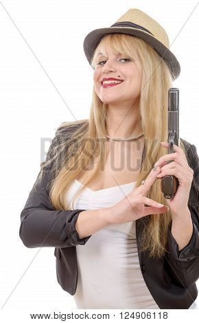 Sexy blond woman with handgun isolated on white background