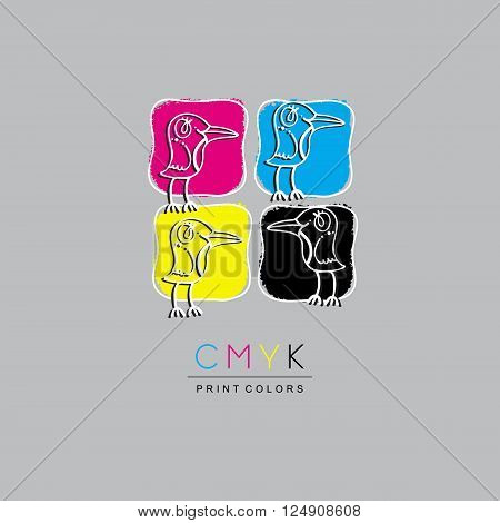 Logo CMYK color model design concept on white background. Four multi-colored birds. Printing technology emblem.