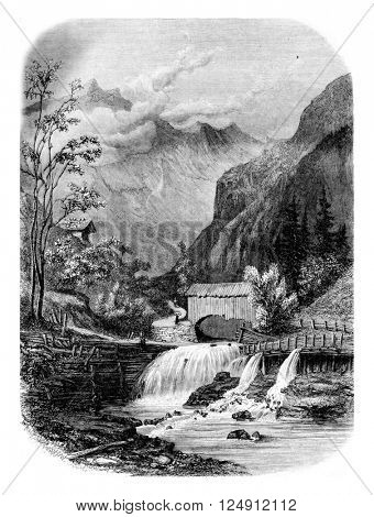 Valley between Giettaz Flumet and Col des Aravis, vintage engraved illustration. Magasin Pittoresque 1861.