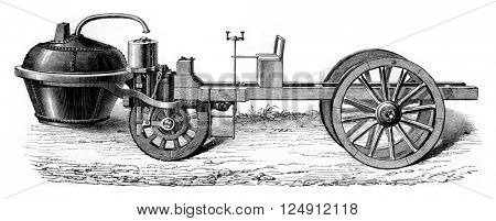 Steam car of Cugnot under Louis XV, vintage engraved illustration. Magasin Pittoresque 1861.