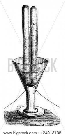 Decomposition of water by the cell, vintage engraved illustration. Magasin Pittoresque 1857.
