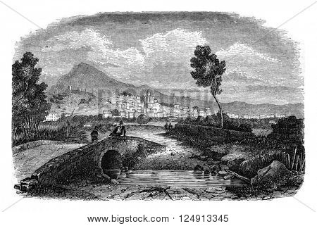 View of the town of Hyeres, taken from the bridge Roubaud, vintage engraved illustration. Magasin Pittoresque 1847.