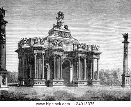 Reign of Louis XIV, Triumphal arch throne said, by Claude Perrault, vintage engraved illustration. Magasin Pittoresque 1847.