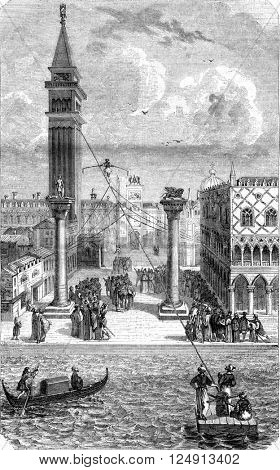 Old rope-dancers, vintage engraved illustration. Magasin Pittoresque 1847.