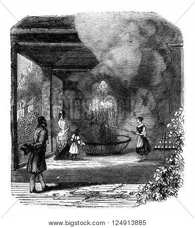 View the source of the Sprudel, taken from the inside of the gallery, vintage engraved illustration. Magasin Pittoresque 1847.