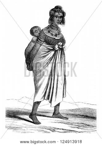 Female Fulani of Senegal edges, vintage engraved illustration. Magasin Pittoresque 1847.