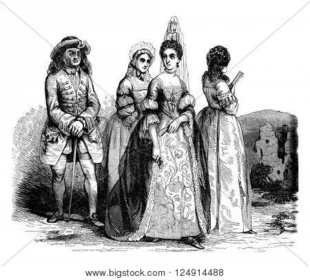 1698 costumes, vintage engraved illustration. Colorful History of England, 1837.