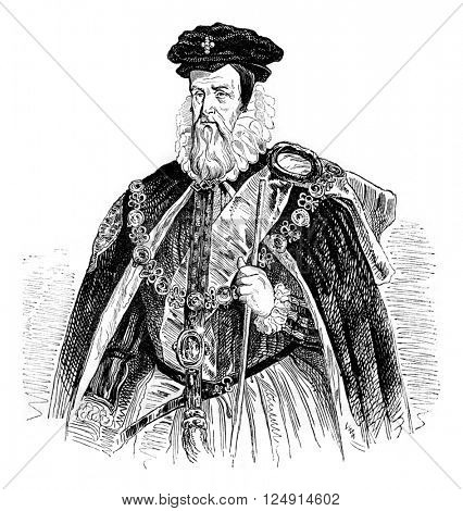 Portrait of Cecil, Lord Burghley, after Marc Gerard, now in the possession of the Marquess of Exeter, was Burghley House, vintage engraved illustration. Colorful History of England, 1837.