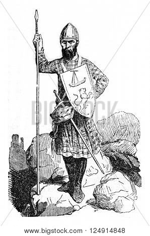 Costume Scots leaders of Edward I time, vintage engraved illustration. Colorful History of England, 1837.