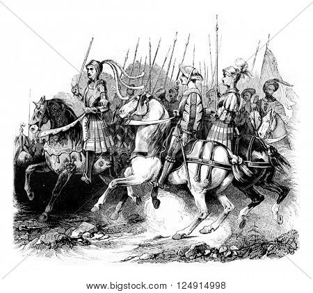 Military Costumes of Henry VIII (Cavaliers), vintage engraved illustration. Colorful History of England, 1837.