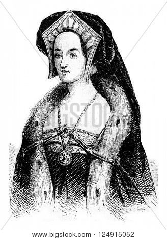 Portrait of Catherine Howard, of after Holbein, vintage engraved illustration. Colorful History of England, 1837.