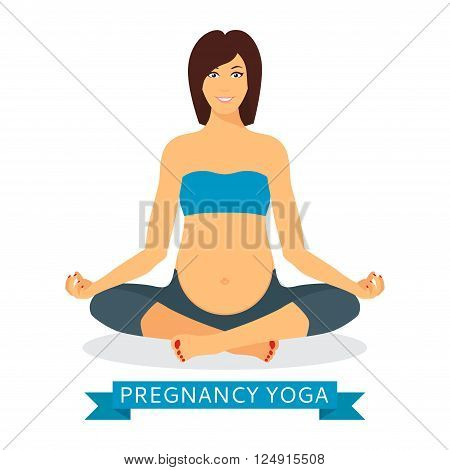 Pregnant woman meditating while sitting in lotus position isolated on white background. Pregnant yoga woman relaxing and meditating. Vector illustration.