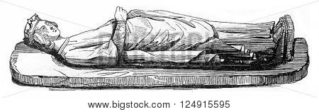 Statue of Ethelbert placed on his tomb in Hereford Cathedral, vintage engraved illustration. Colorful History of England, 1837.