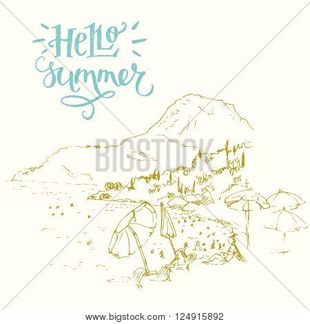 Sketch style drawing of a summer vacation isolated on white background. Travel sketchbook page with freehand sketch of the seaside in Montenegro and stylish 'Hello Summer' hand lettering.