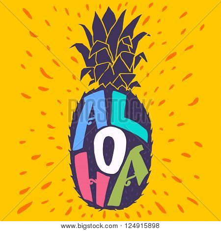 'Aloha' hand lettering in a pineapple silhouette. Fun summer typography illustration can be used as a print for t'shirts bags cards and posters.