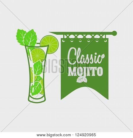 Vector Logo Or Label Template With Cocktail Mojito With Mint Leaves And Straws. Can Be Used For Desi
